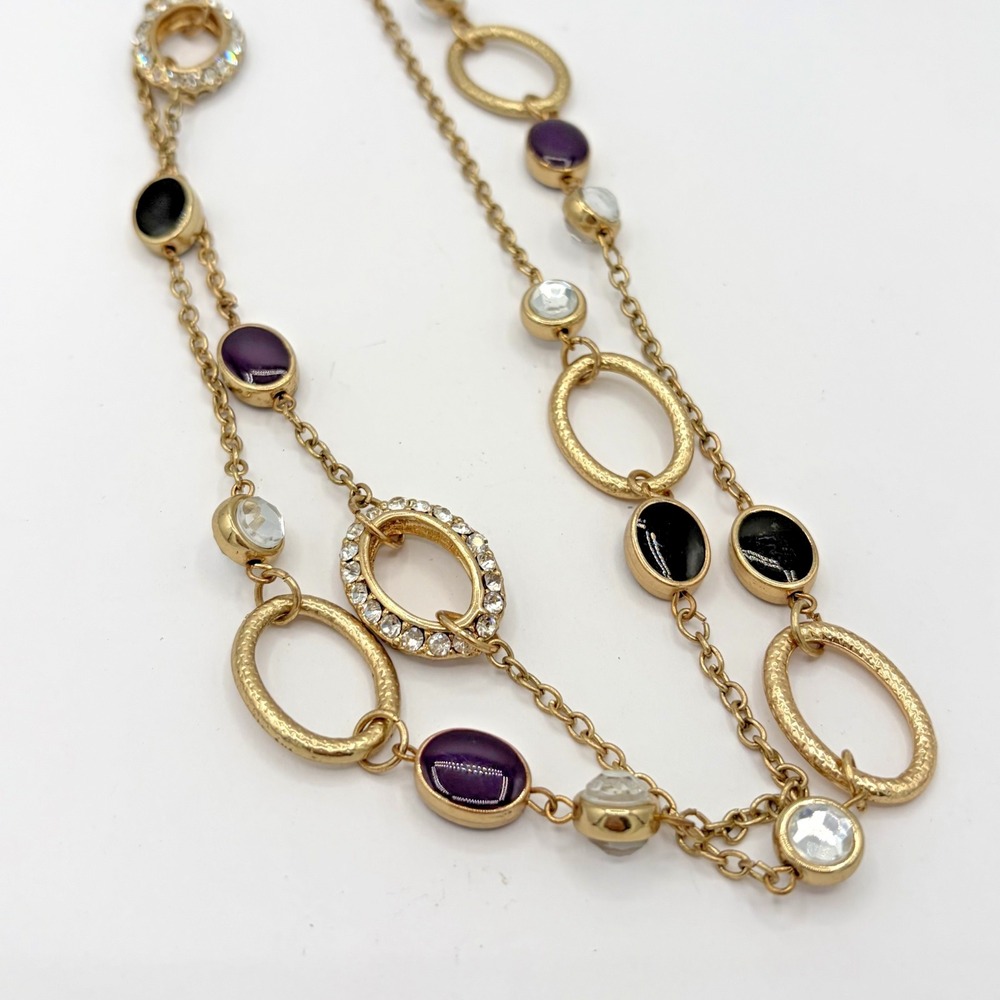 J Lo Gold Tone Black Plum Oval Cabochon Long Station Layering Necklace - Picture 2 of 6